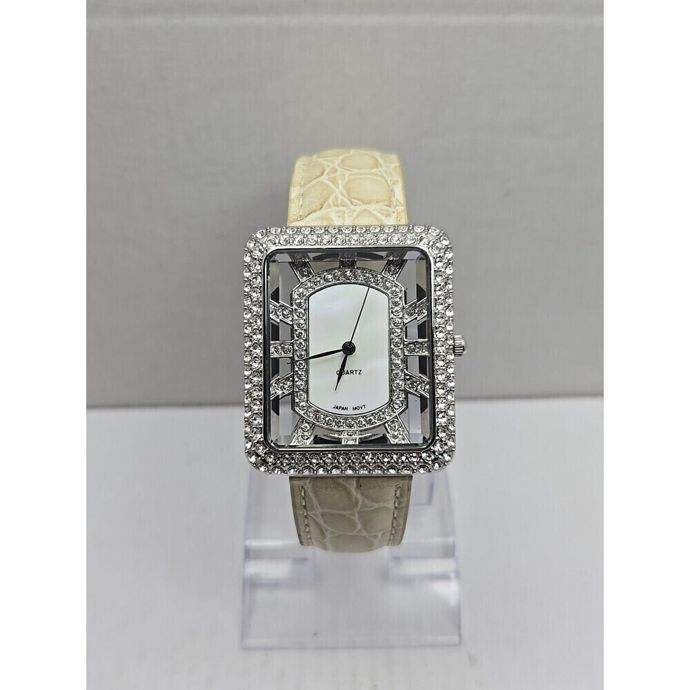 Adrienne Womens Rhinestone Open Square Watch Cream Croc Leather New Battery